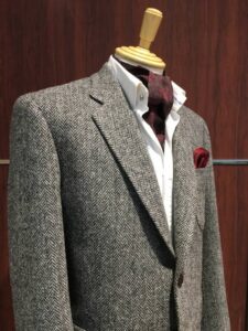 メンズオーダージャケット　ハリスツイード　ヘリンボーン　切替アウトポケット　チーフ作成　Harris Tweed