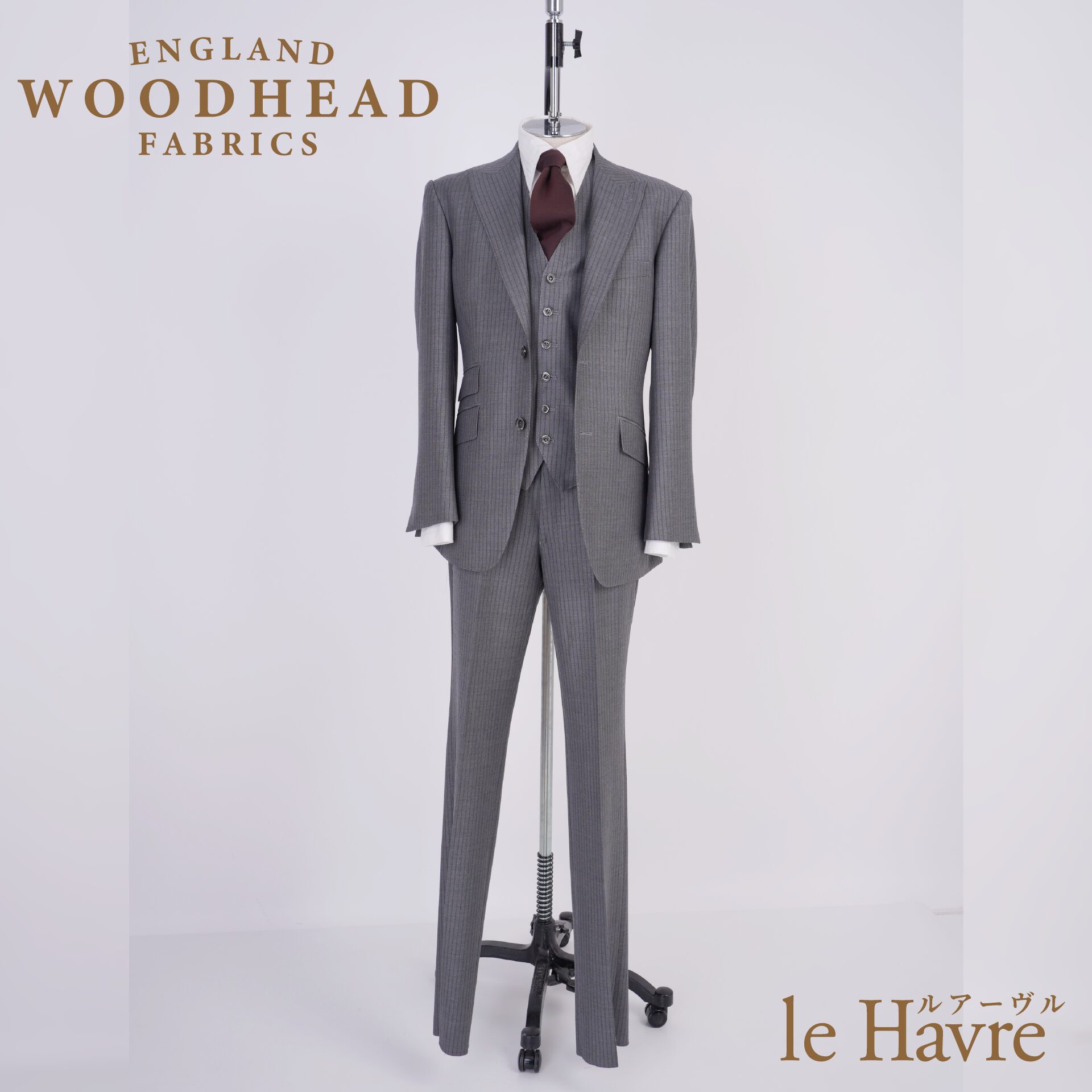 メンズ　オーダースーツ　3ピース　ウッドヘッド　ピーク襟　チェンジポケット　サイドベンツ　WOODHEAD